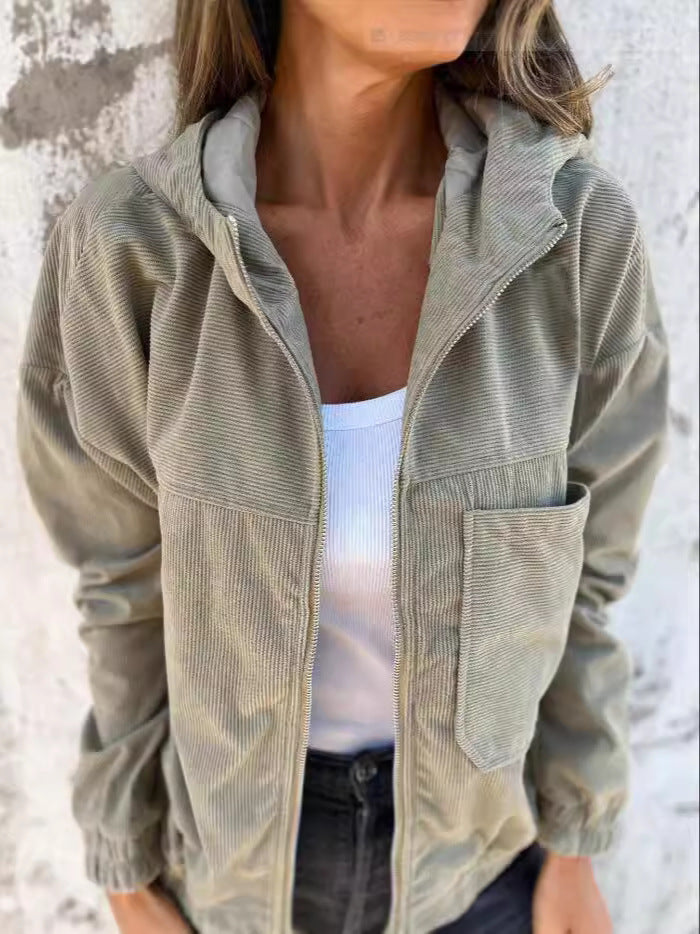 Women's Hooded Jacket – Corduroy – Relaxed Fit – Zip Closure – Casual Low Model