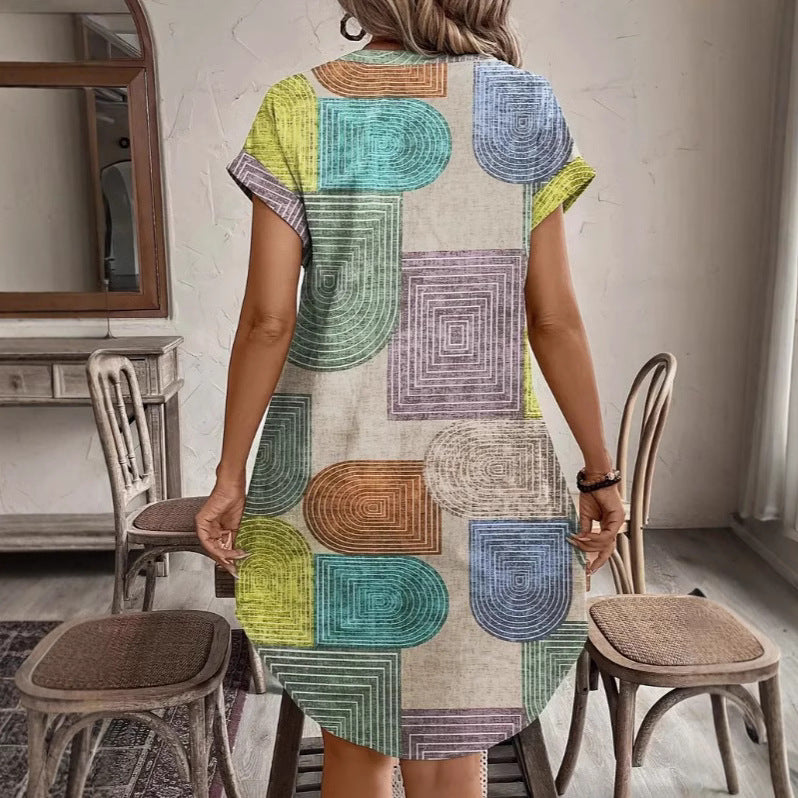 Women's Dress – V-neck – Relaxed Fit – Button Closure – Geometric Print – Breathable Material