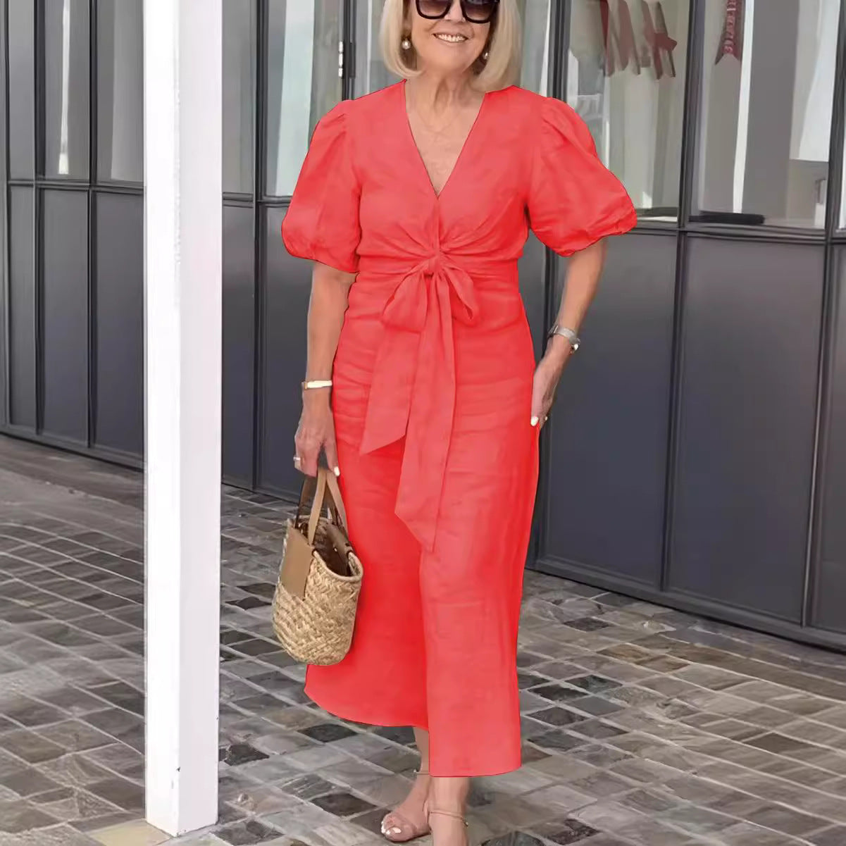 Women's midi dress – V-neck – Waist tie – Puff sleeve – Relaxed fit – Natural fibers