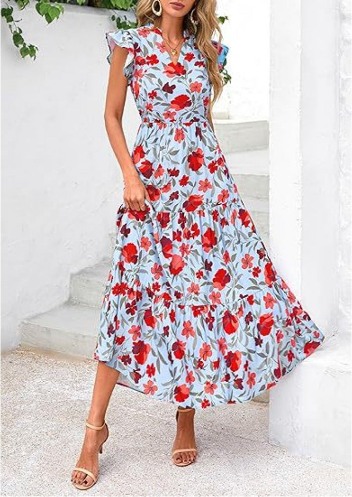 Women's mid-length dress – V-neck – Butterfly sleeves – Relaxed fit – Breathable material – Floral print