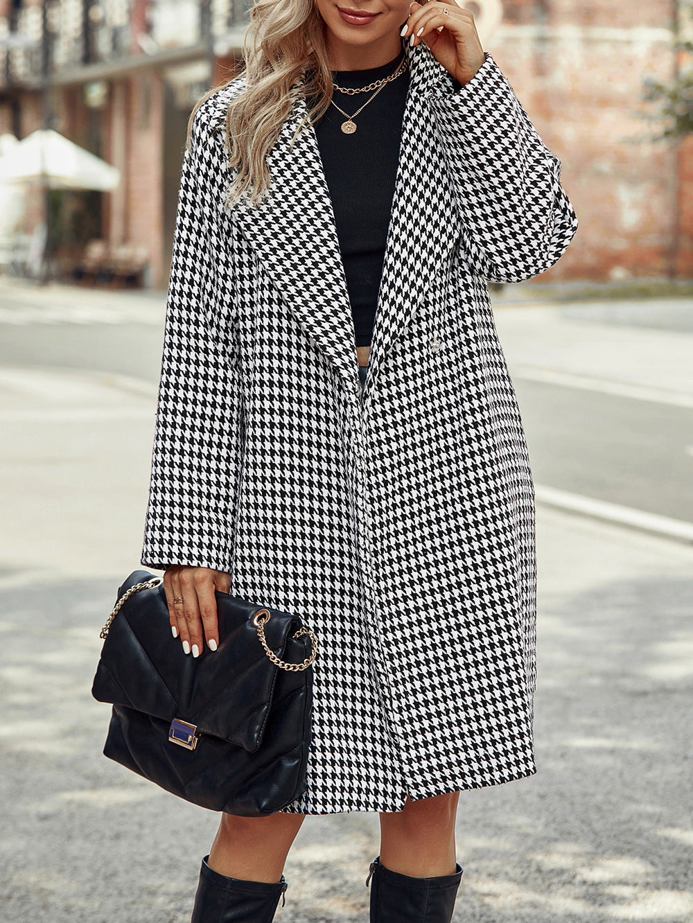 Ladies Long Coat – Tailored Fit – Wool Mix – Houndstooth – Notch Lapel – Front Buttons