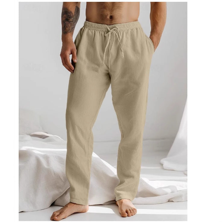 Men's Pants – Relaxed Fit – Breathable Natural Fabric – Elastic Waistband with Cord