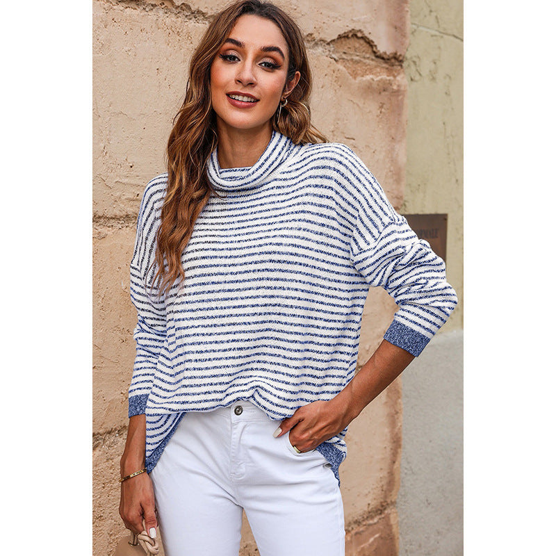 Ladies Turtleneck Sweater – Relaxed Fit – Wool Blend – Striped – Ribbed Edges