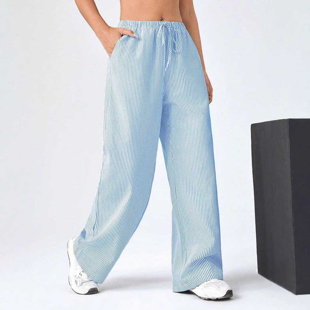Ladies straight pants – Breathable material – Drawstring waist – Full length – Striped