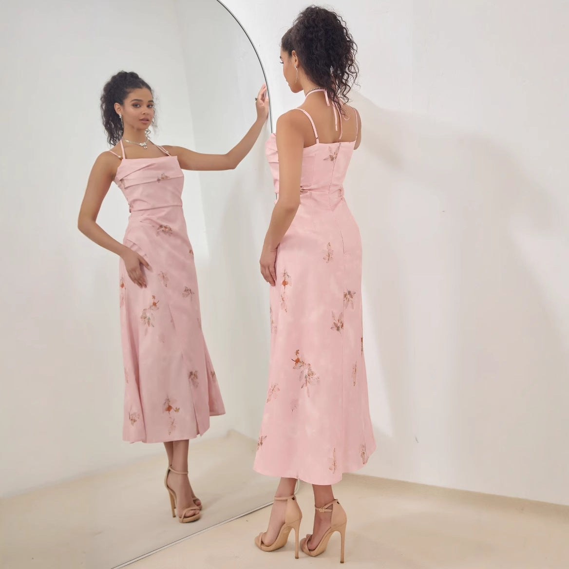 Ladies midi dress – satin look – A-line fit – strappy shoulders – floral print