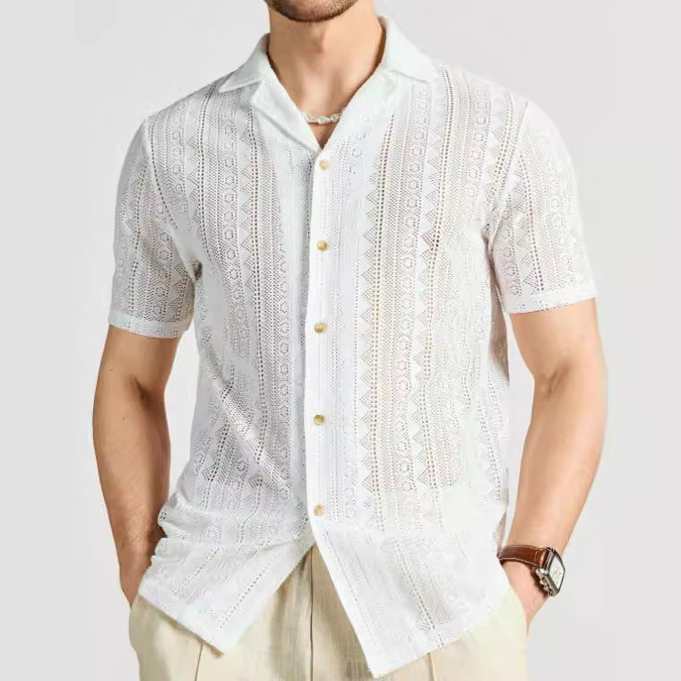 Men's Shirt Short Sleeve – Relaxed Fit – Breathable Soft Knit – Lace Texture