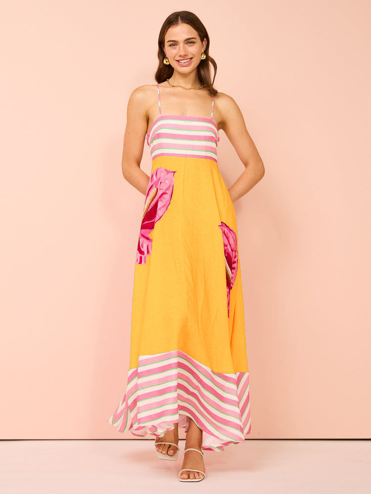 Ladies midi dress – A-line fit – Smocked bodice – Spaghetti straps – Airy cotton