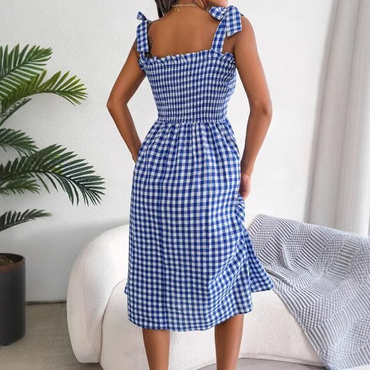Ladies Midi Dress – Slim Fit – Checked Print – Smocked Bodice – Tie Strap Shoulders