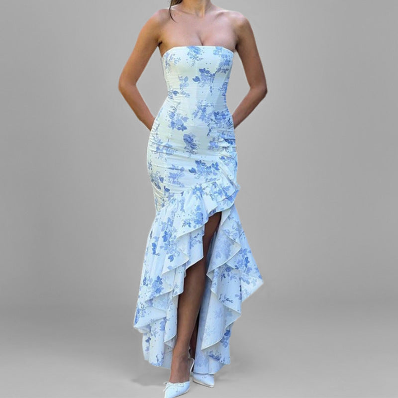 Ladies Strapless Dress – Slim Fit – Ruffles – Asymmetrical Ruffle Hem – Eveningwear