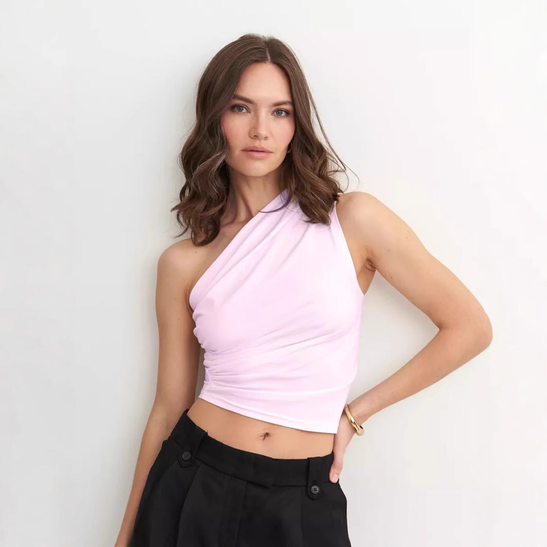 Women's Crop Top – One Shoulder – Slim Fit – Ruched Silk – Breathable Fabric