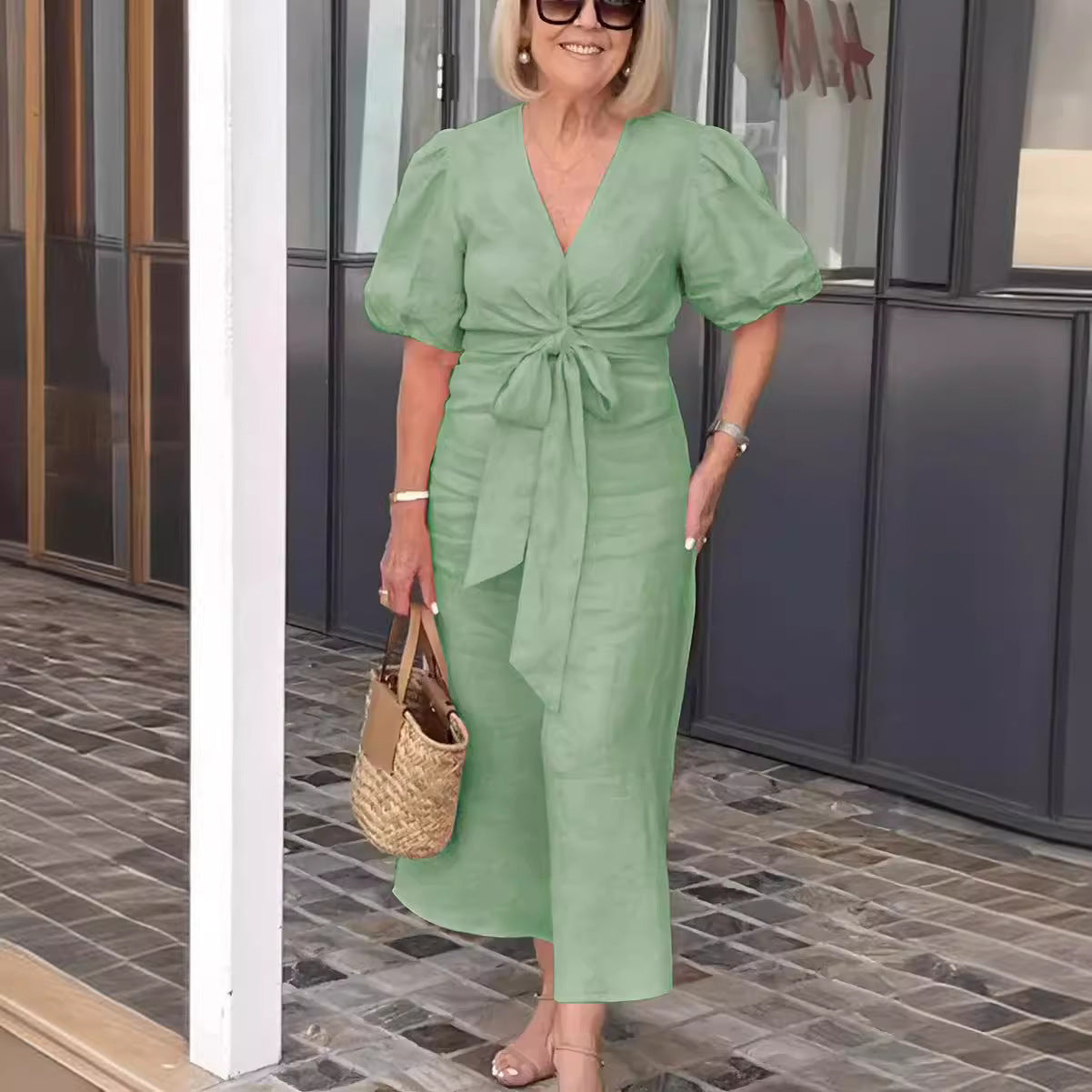 Women's midi dress – V-neck – Waist tie – Puff sleeve – Relaxed fit – Natural fibers