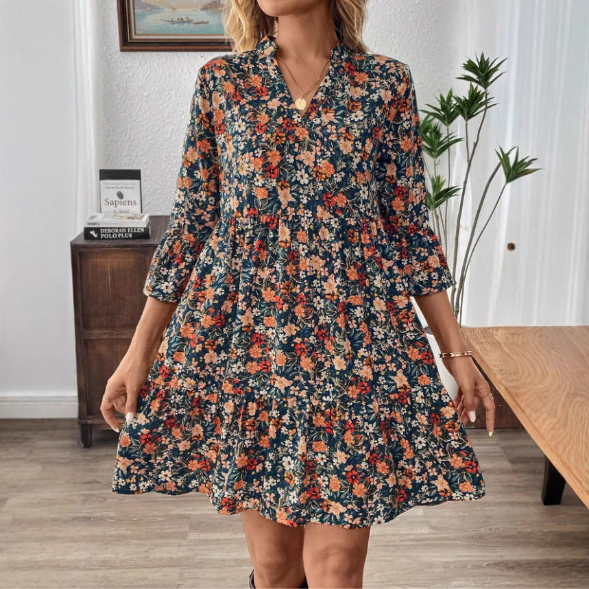 Women's Dress – A-line Fit – V-neck – 3/4 Sleeve – Floral Print – Natural Textile