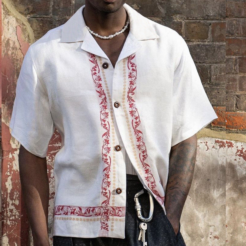 Men's Short Sleeve Shirt – Relaxed Fit – Embroidery Detail – Breathable Natural Fabric