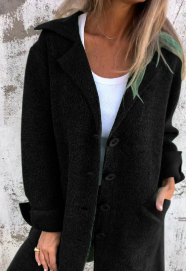 Women's Mid-Length Coat – Relaxed Fit – Wool Look – Notched Lapel – Single Row Button Closure
