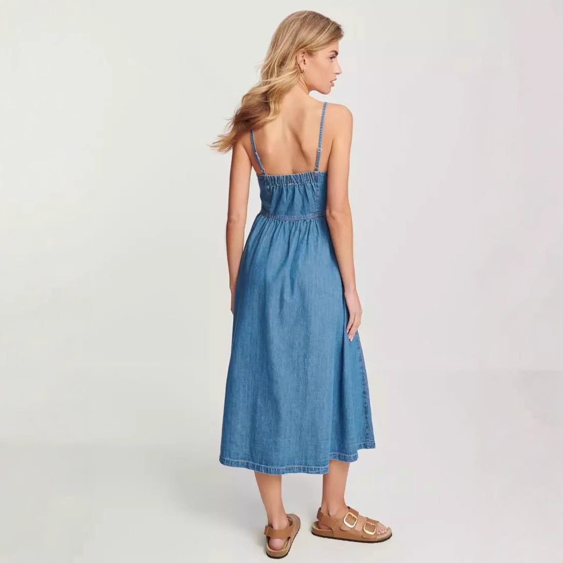 Ladies midi dress – Denim – A-line fit – Adjustable straps – Elastic back
