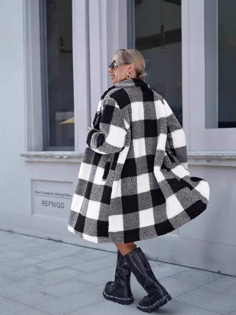 Women's Long Coat – Oversized Fit – Sherpa Texture – Check Pattern – Lapel Collar