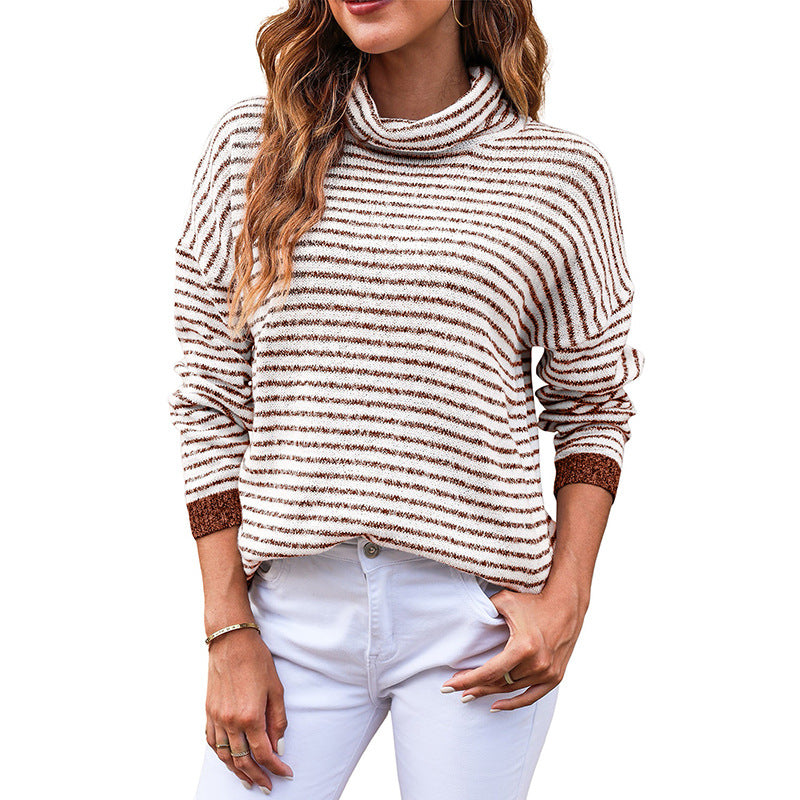 Ladies Turtleneck Sweater – Relaxed Fit – Wool Blend – Striped – Ribbed Edges