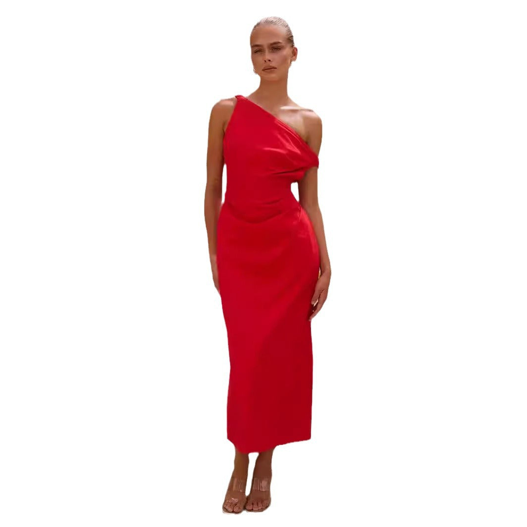 Ladies Midi Dress – Slim Fit – One Shoulder – Draped Top – Elegant Minimalist Style
