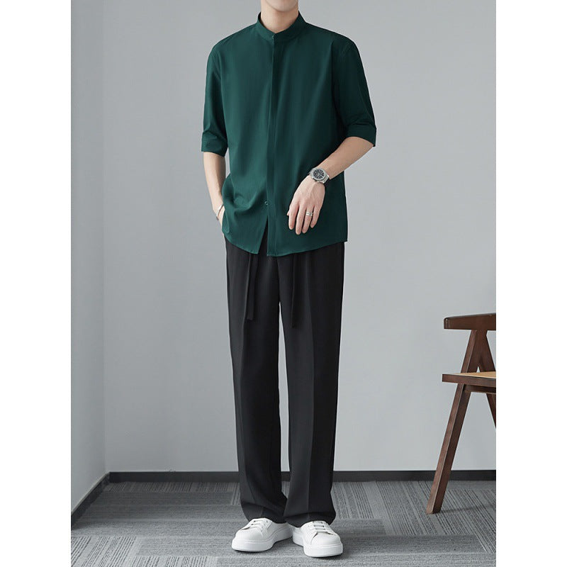 Men's Shirt – Relaxed Fit – Linen Look – Mao Collar – Concealed Button Closure