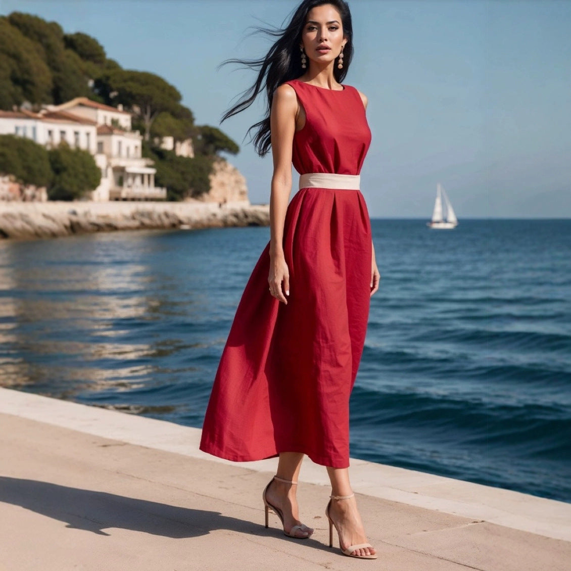 Ladies Midi Dress – Sleeveless Fit and Flare – Waist Ribbing – Airy Natural Fabric