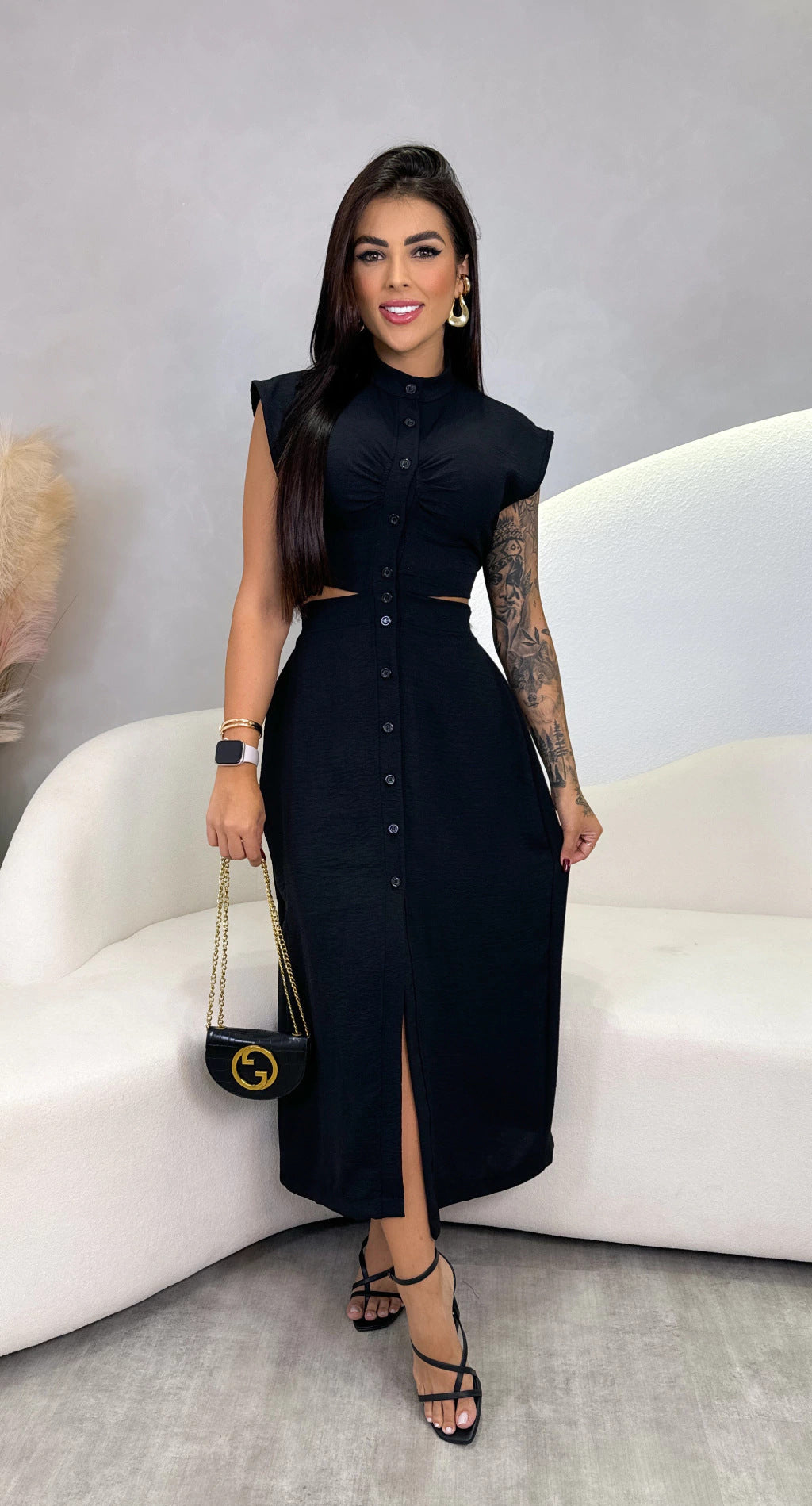 Women's Midi Dress – Slim Fit – Sleeveless – Cut-Out Waist – Button Closure – Turtleneck Collar