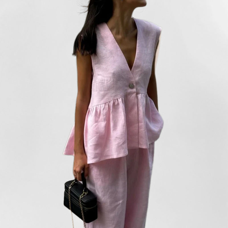 Women's Suit Set – Linen Look – V-Neck Sleeveless Gilet – High Waist Wide Legs