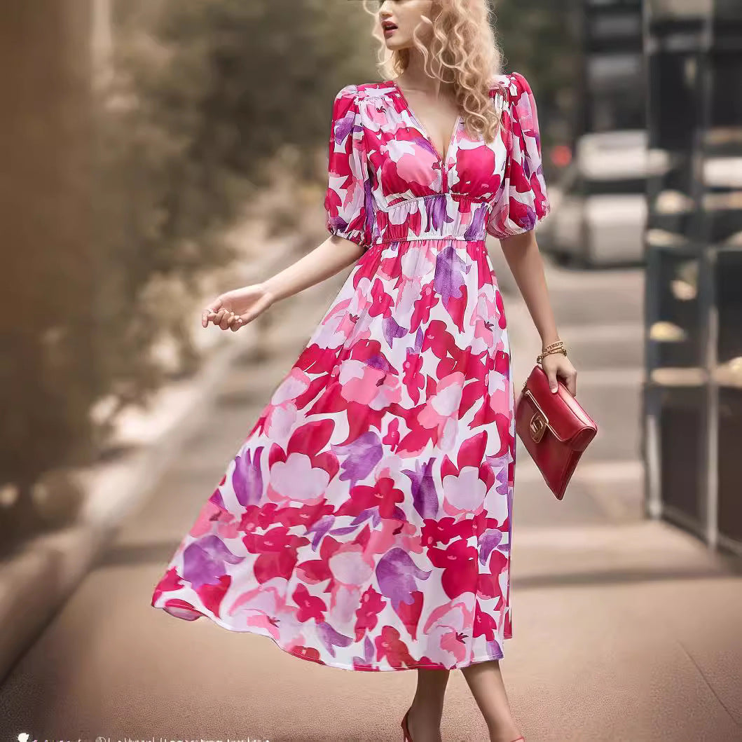 Ladies Midi Dress – Fitted Waist – V-Neck – Puff Sleeves – Breathable – Print Design