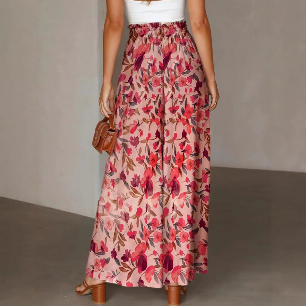 Ladies Pants – Wide Legs – Chiffon – High Waist – Floral Print – Drawstring Waistband – Full Length