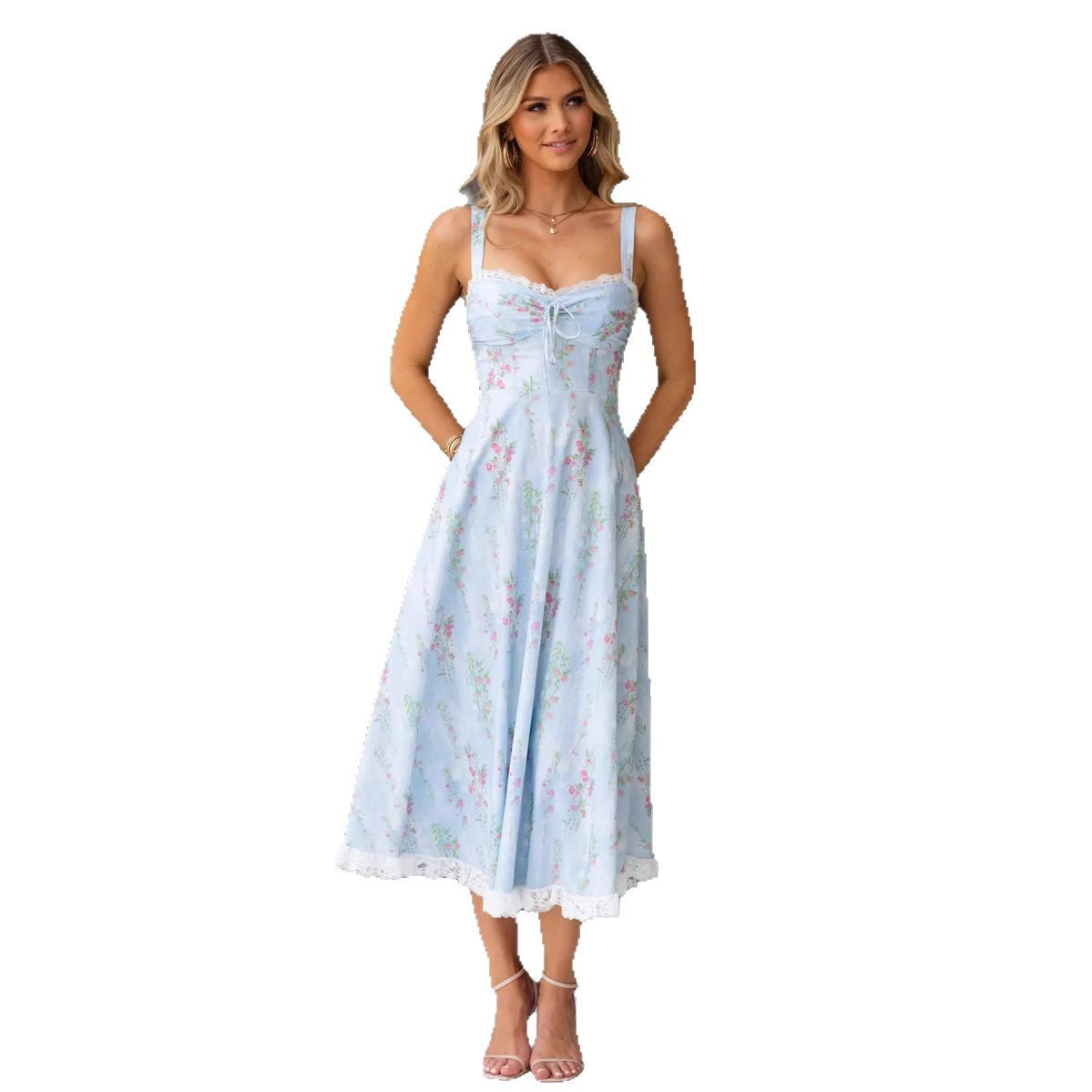 Women's midi dress – A-line fit – Spaghetti straps – Cotton – Floral print with lace