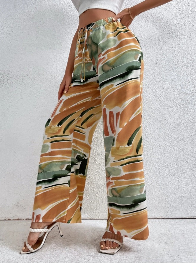 Women's Pants – Wide Legs – High Waist – Abstract Print – Breathable Comfort