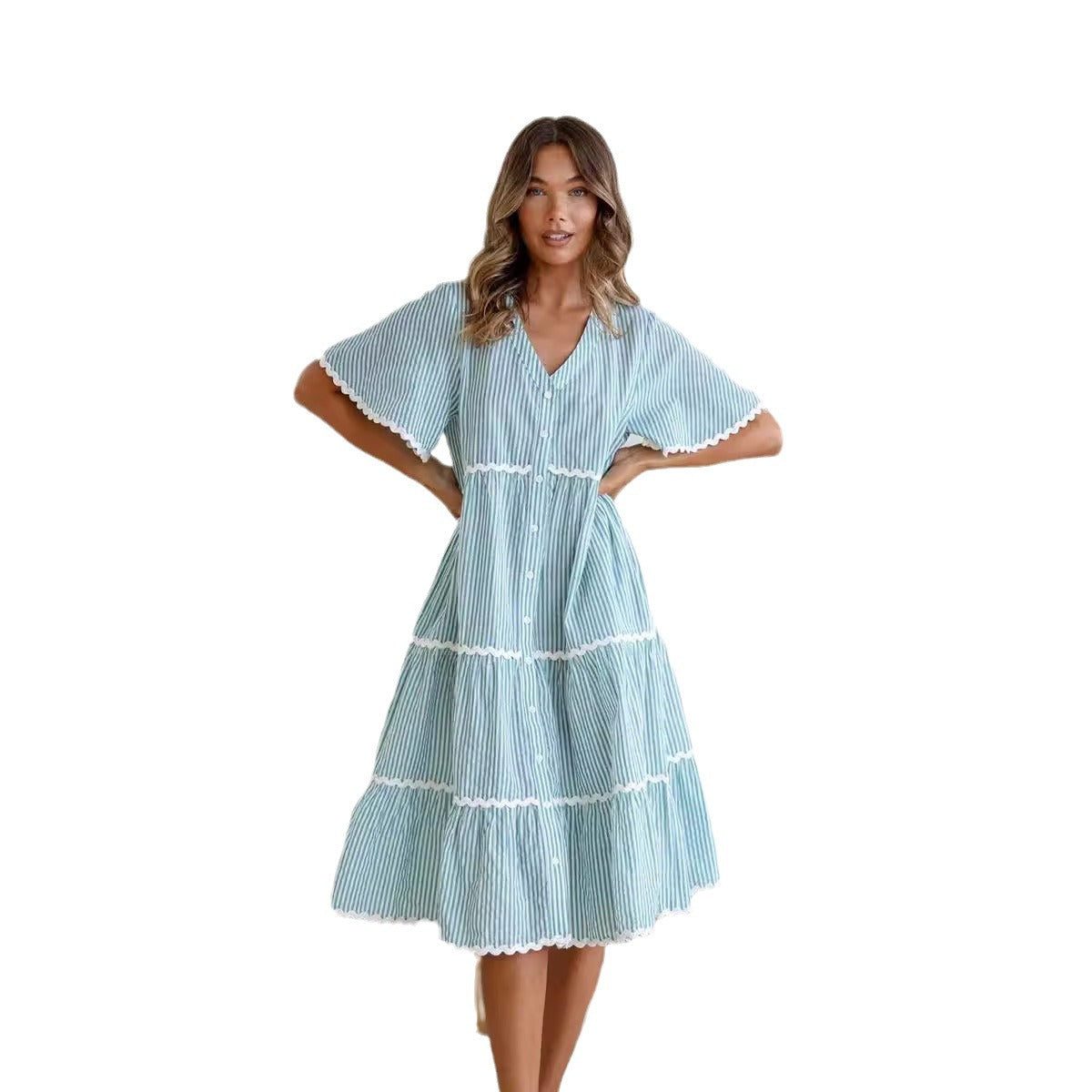 Ladies Dress – V-neck – Loose Fit – Cotton – Button Closure – Lace Details