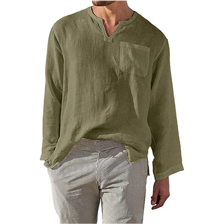 Men's Shirt – Linen Cotton – Relaxed Fit – Band Collar – Long Sleeve Casual