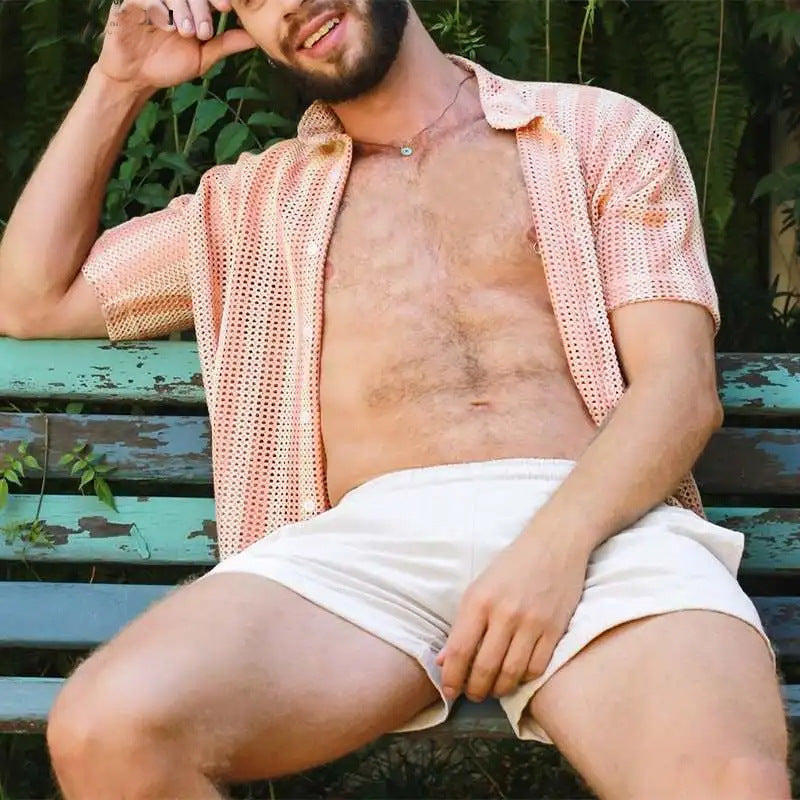 Men's mesh shirt – Relaxed fit – Short sleeve – Breathable – Button closure