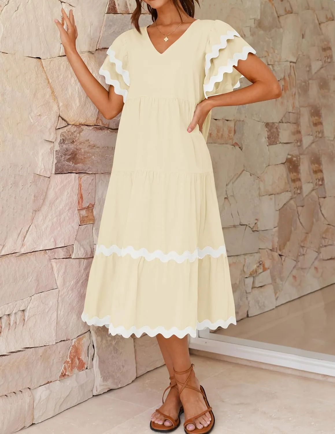 Women's Midi Dress – V-Neck – Loose-Fitting Style – Tiered Skirt – Airy Fabric