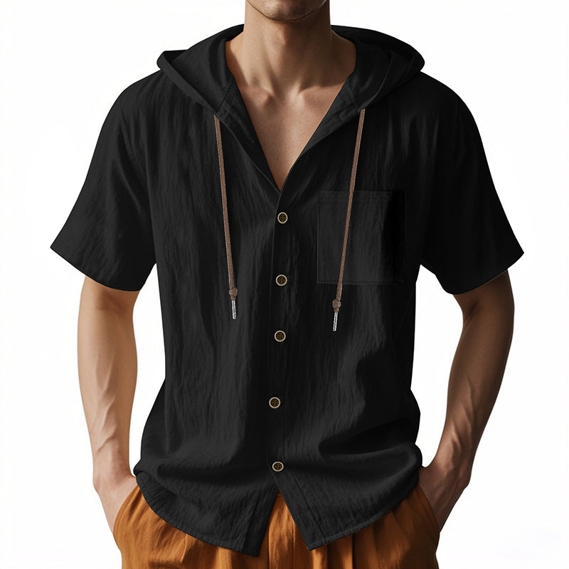 Men's Hooded Shirt – Linen Blend – Relaxed Fit – Short Sleeve – Button Closure Casual