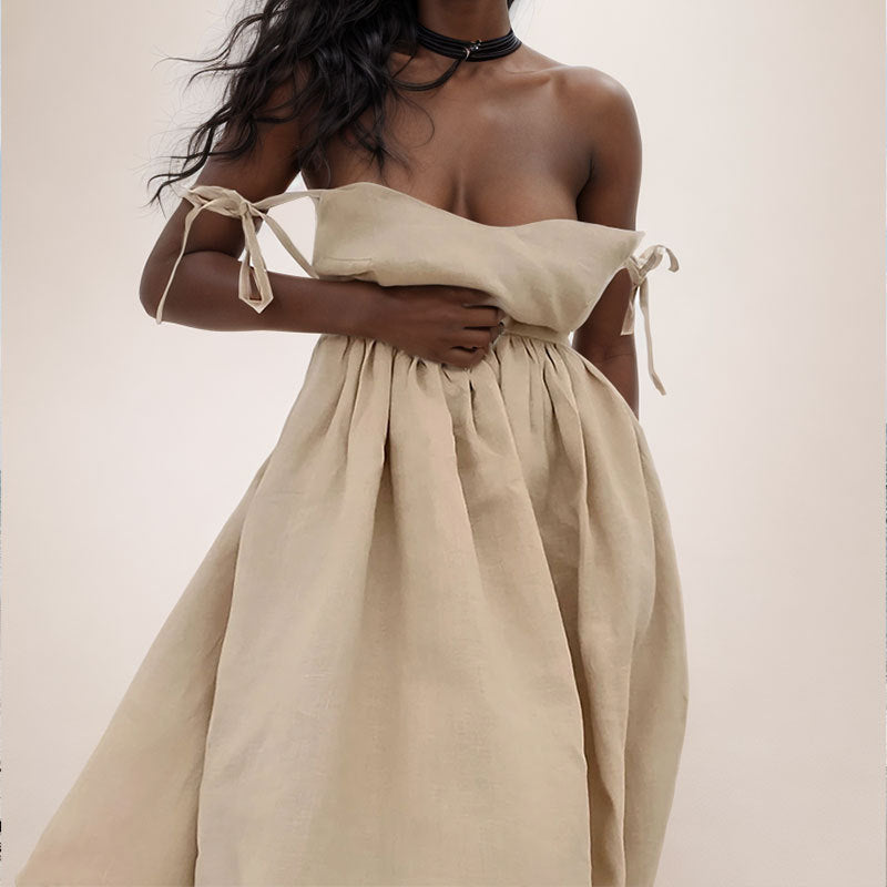 Women's Midi Dress – A-line Fit – V-neck – Open Back – Adjustable Straps – Side Split