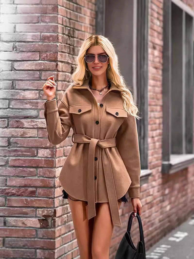 Women's Short Coat – Wool – Oversized Fit – Notched Collar – Button Closure With Belt