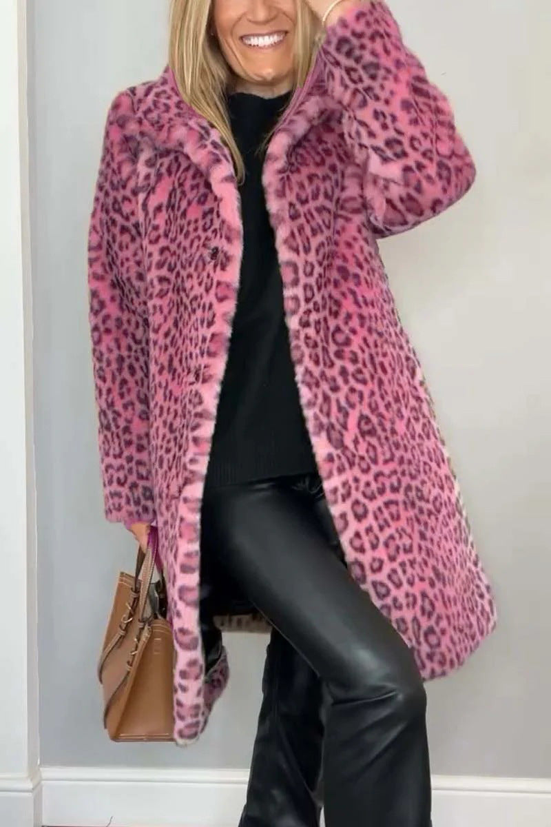 Ladies Coat – Faux Fur – Oversized Fit – Notched Collar – Leopard Print