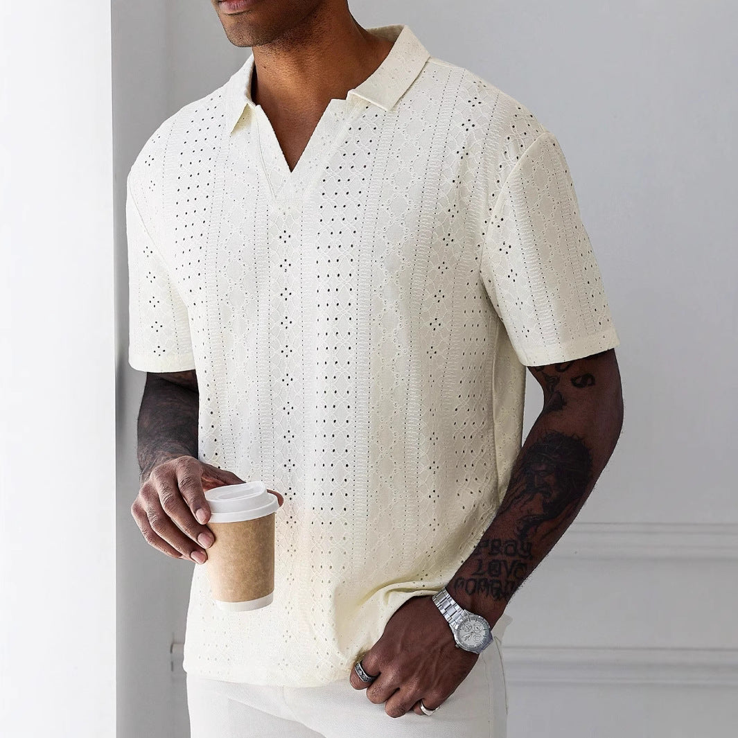 Men's T-shirt – Relaxed Fit – Jacquard Lace Design – V-neck – Breathable Soft Knit