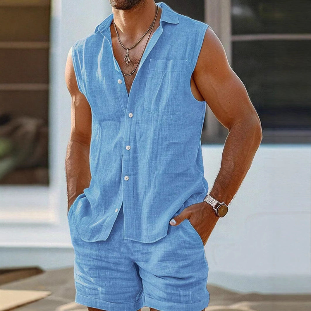 Men's Set Sleeveless – Loose Fit – Breathable Fabric – Casual Button Closure