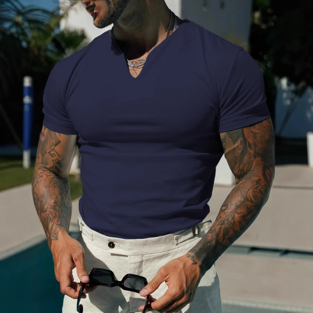Men's T-shirt with V-neck – Slim Fit – Breathable Stretch Material – Short Sleeves