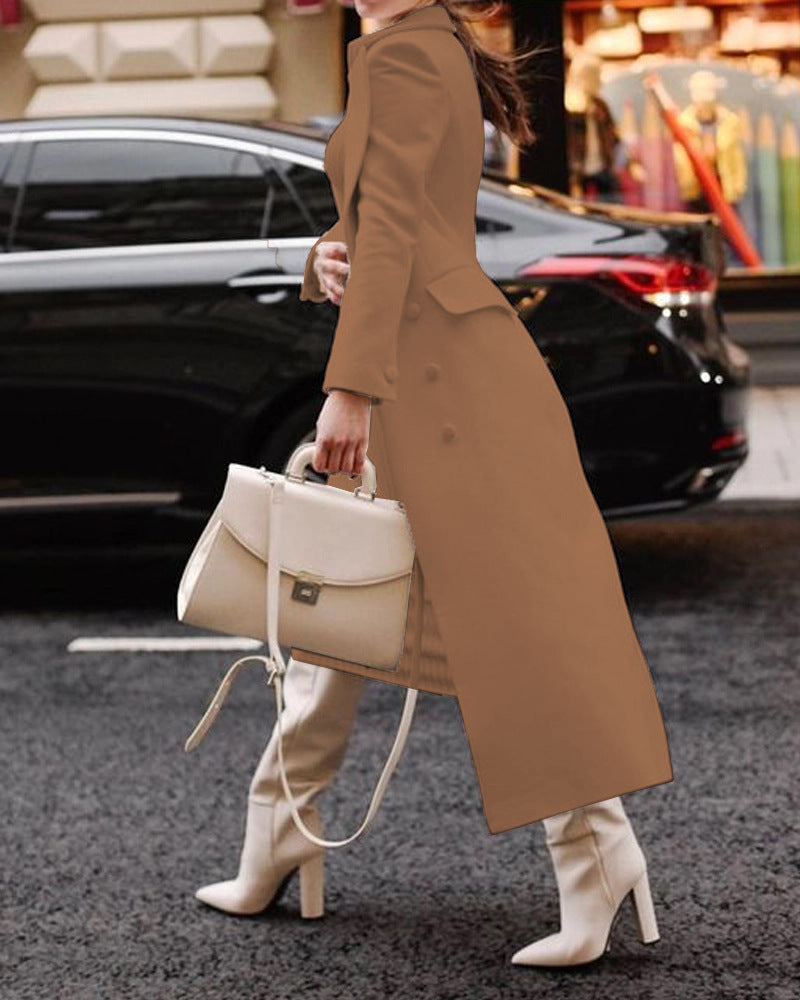 Ladies Long Coat – Tailored Fit – Wool Texture – Elegant Collar – Formal Look