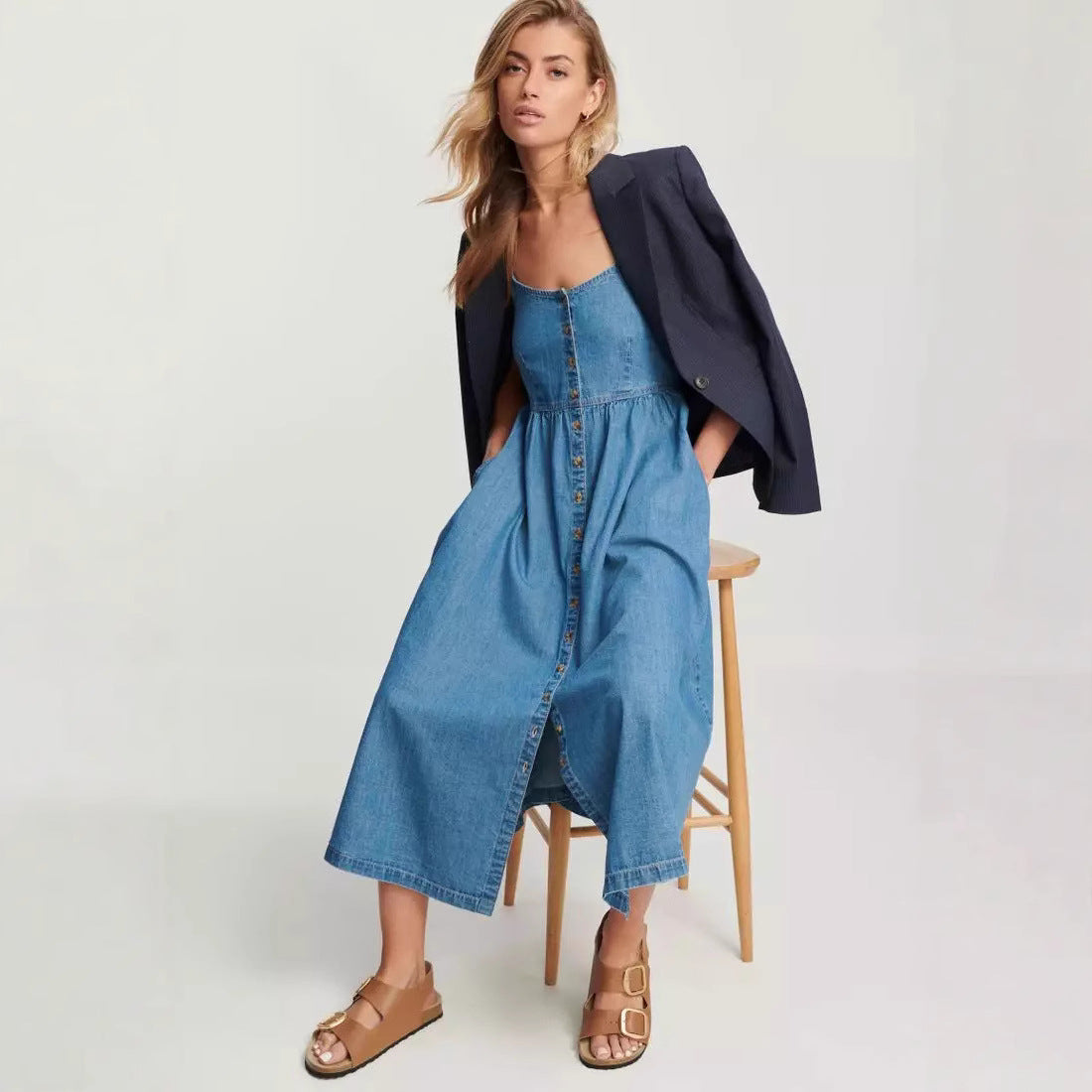 Ladies midi dress – Denim – A-line fit – Adjustable straps – Elastic back