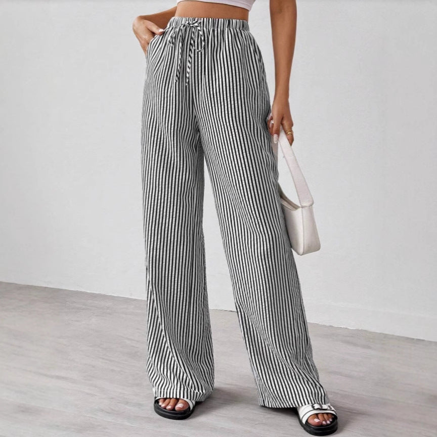 Women's Straight-Leg Pants – Breathable Material – Elastic Waist – Striped Pattern
