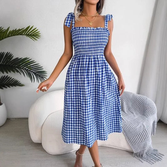 Ladies Midi Dress – Slim Fit – Checked Print – Smocked Bodice – Tie Strap Shoulders