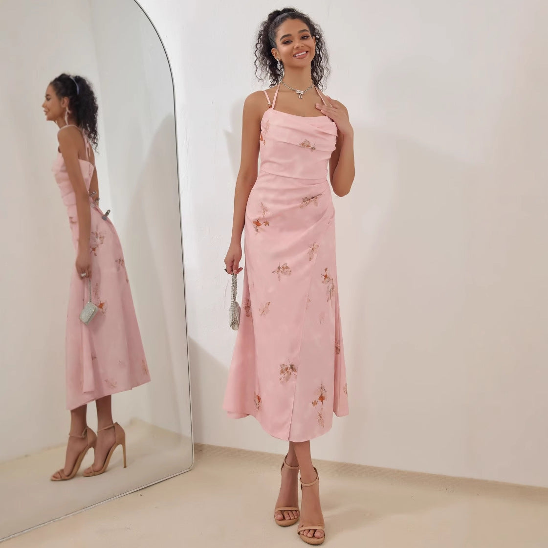 Ladies midi dress – satin look – A-line fit – strappy shoulders – floral print