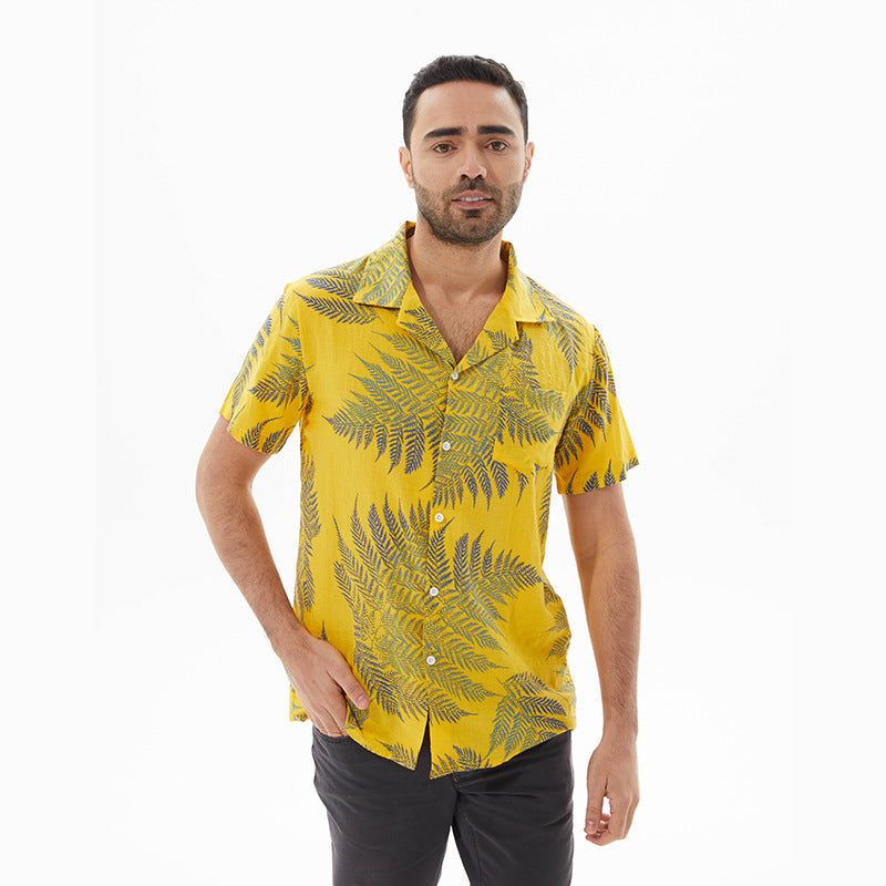 Men's Shirt Short Sleeve – Relaxed Fit – Linenlook – Leafprint – Breathable