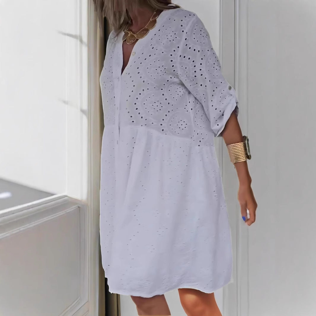 Women's midi dress – A-line fit – Cotton – Embroidered – V-neck with buttons