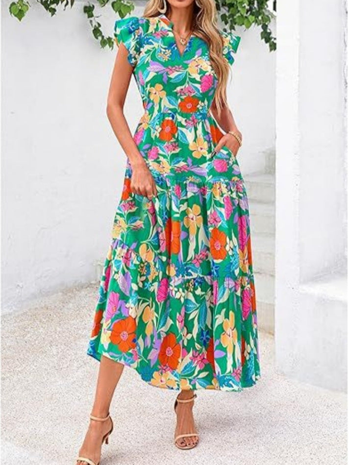 Women's mid-length dress – V-neck – Butterfly sleeves – Relaxed fit – Breathable material – Floral print