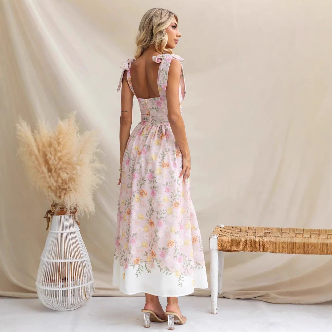 Women's midi dress – Floral print – Fit and flare – Spaghetti straps with bow – Airy fabric